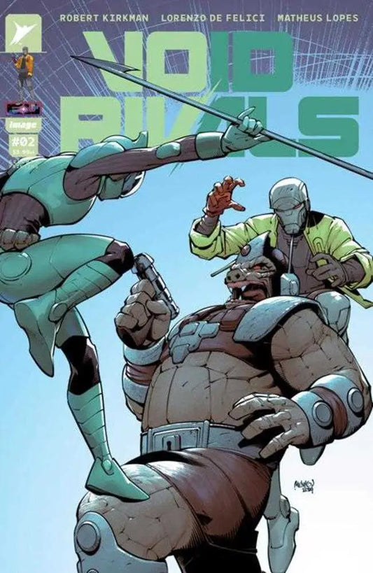 Comic book cover of Void Rivals #2 showcasing armored figures in martial arts action