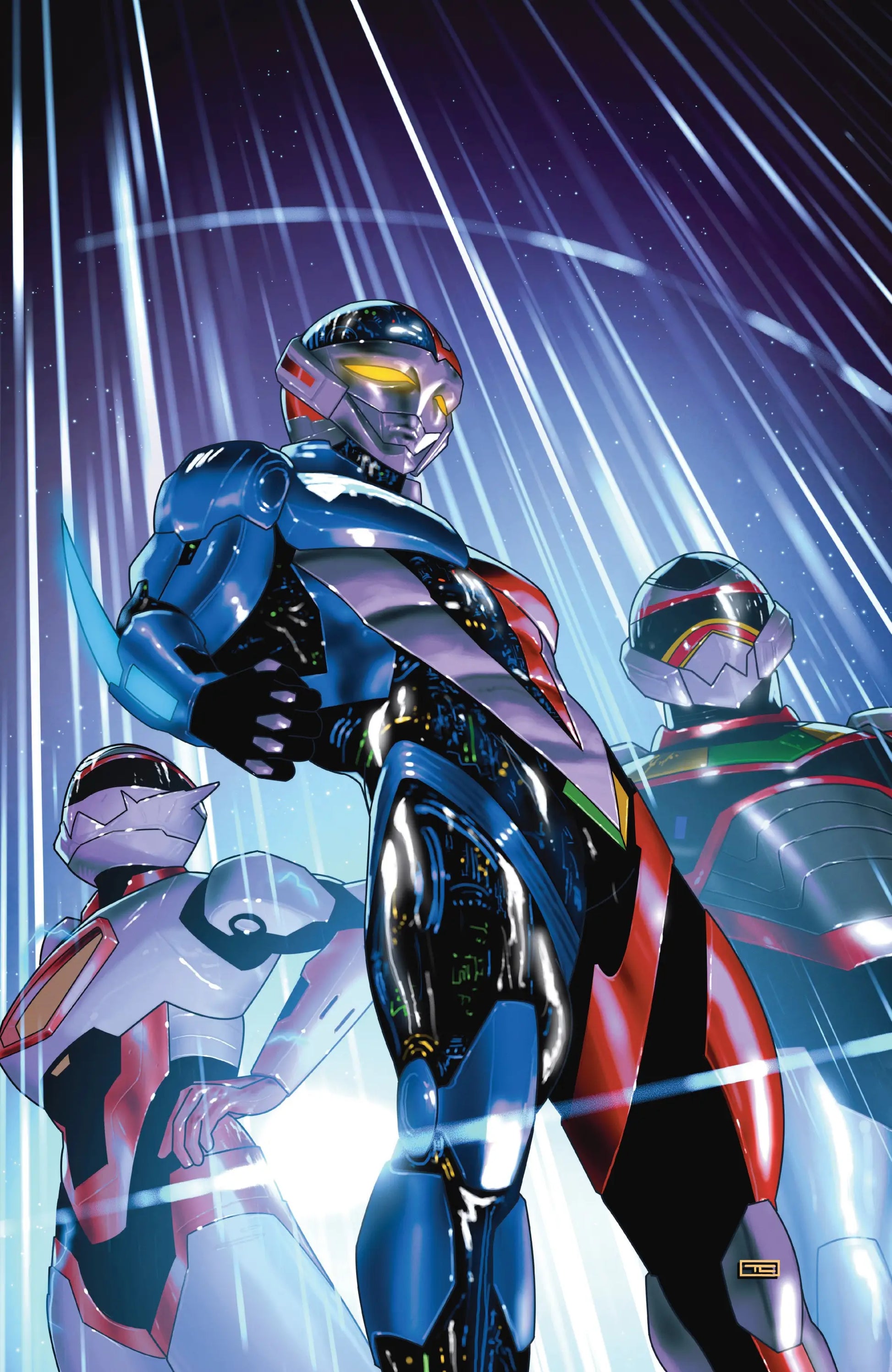 Futuristic armored figures from Vr Troopers foil variant art by Clarke from Art Clarke comic