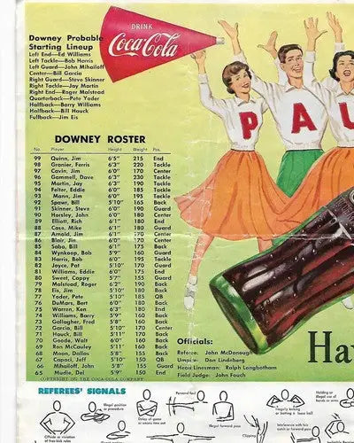 Vintage Downey HS Football program with team rosters, referee signals, original gloss, penny sleeve