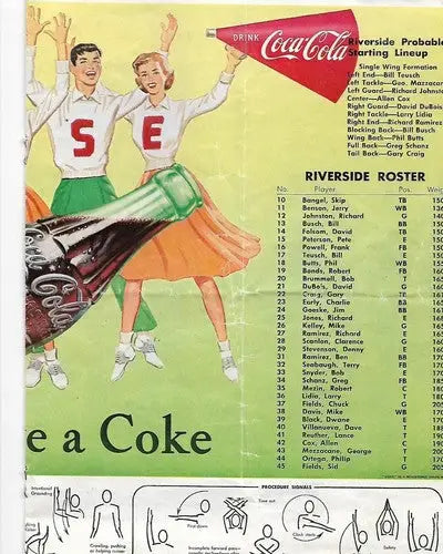 VTG Downey original gloss Coca-Cola vintage ad with cheerleaders and football roster