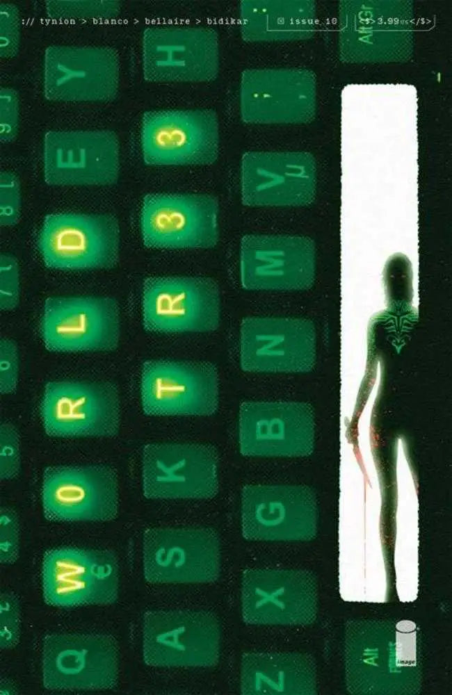 Dark keyboard with glowing green keys and silhouette, featured in Gabriel Winter trading cards