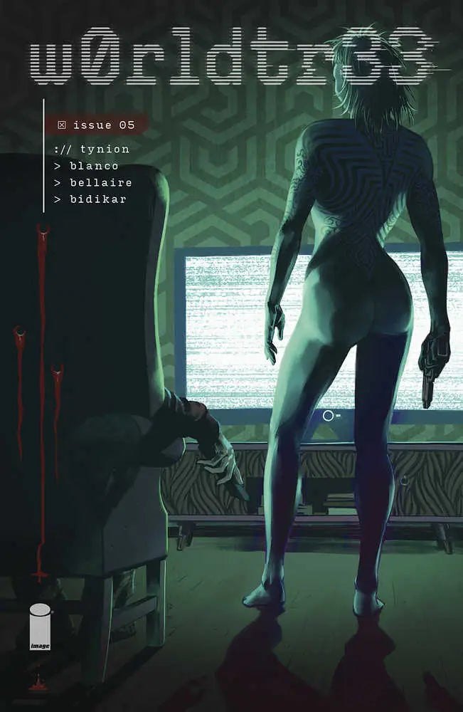 Comic book cover for Worldtr33 issue #5 with a silhouetted figure and trading cards