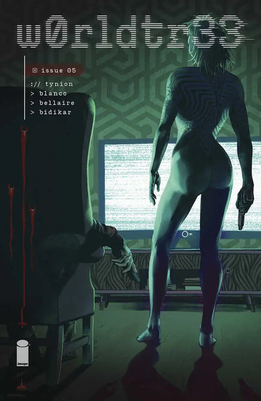 Comic book cover for Worldtr33 issue #5 with a silhouetted figure and trading cards