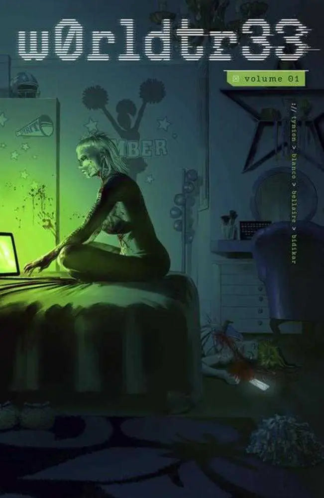 Cyberpunk magazine cover on W0rldtr33 TPB Volume 01 featuring futuristic artwork