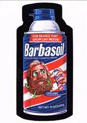 Bottle-shaped Barbasol shaving cream illustration on Wacky Packages promo card