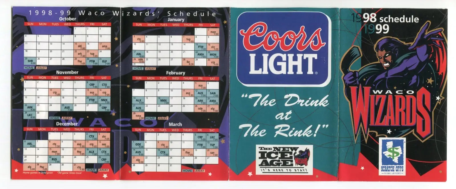 Waco Wizards 1998-99 Season Pocket Schedule WPHL Hockey League Texas - Sports Memorabilia
