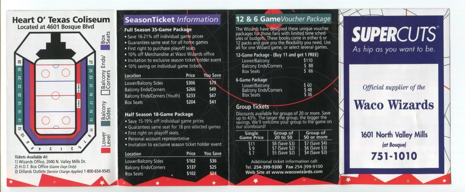 Waco Wizards 1998-99 Season Pocket Schedule WPHL Hockey League Texas - Sports Memorabilia