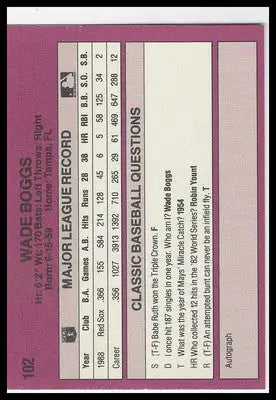 Wade Boggs #102 1989 Classic Travel Boston Red Sox Baseball Card MLB NM
