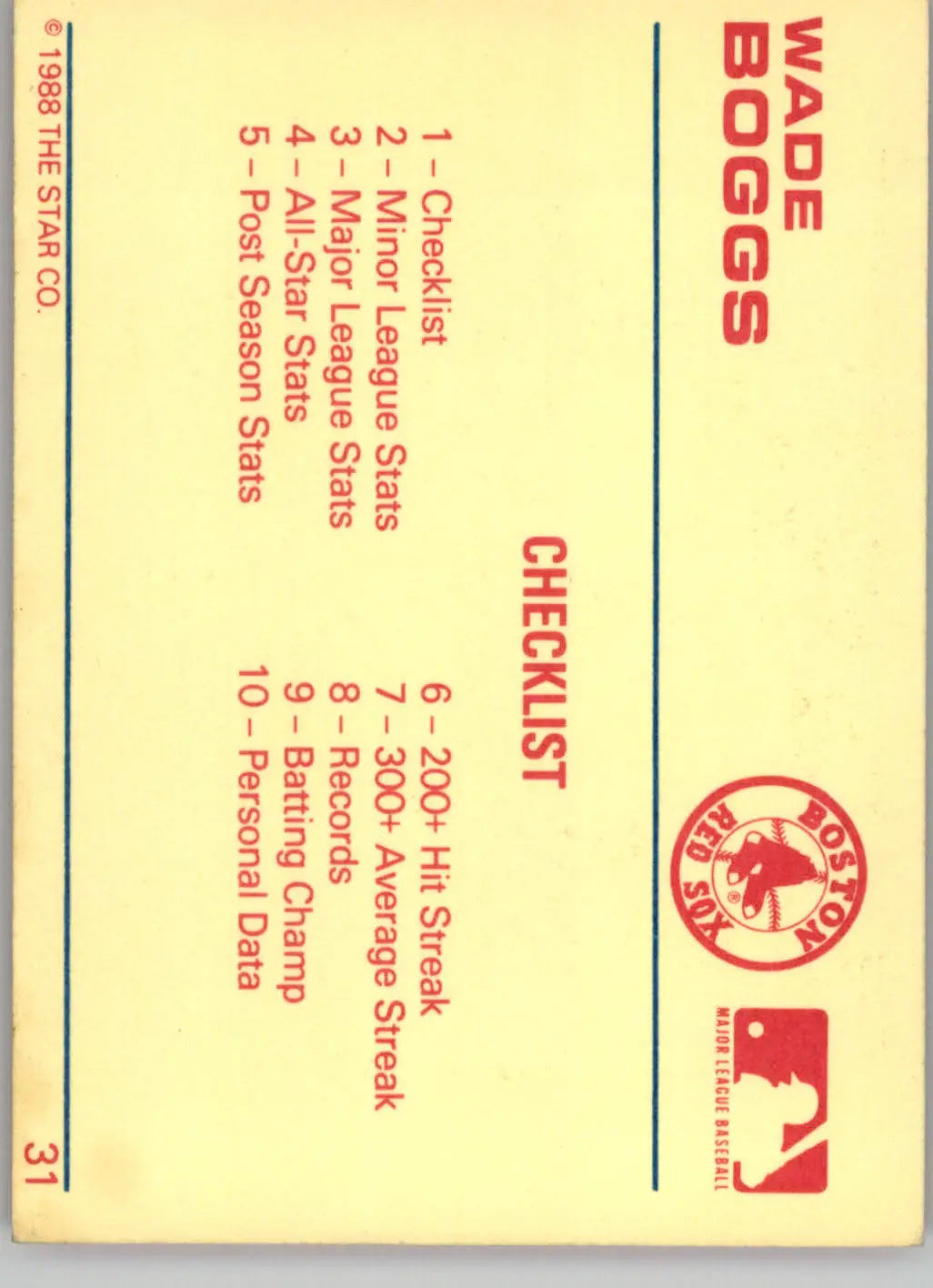 Wade Boggs - 1989 Star Platinum - #31 - Baseball - Baseball Card Single