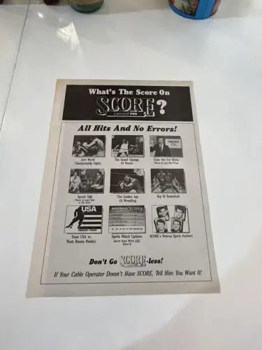 Vintage Score cable channel advertisement on Wade Boggs magazine page with signature