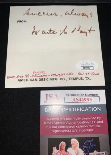 Autographed Waite Hoyt index card with authentication card for trading cards collectors