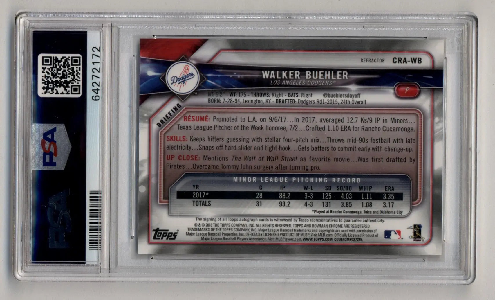 Walker Buehler 2018 Bowman Chrome Rookie Auto Refractor 215/499 PSA 9 Mint - Baseball Card Single