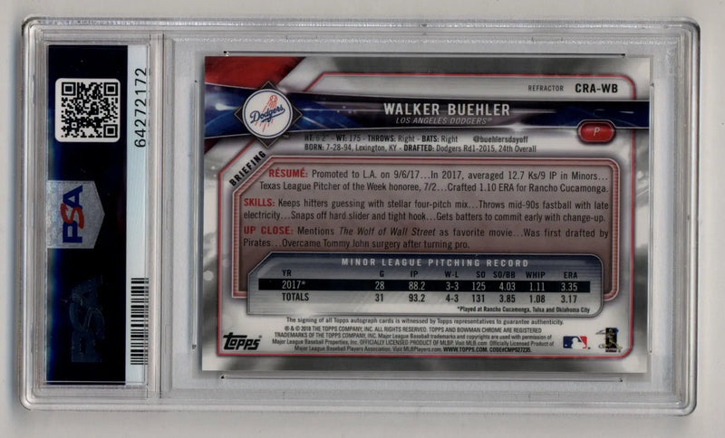 Walker Buehler 2018 Bowman Chrome Rookie Auto Refractor 215/499 PSA 9 Mint - Baseball Card Single
