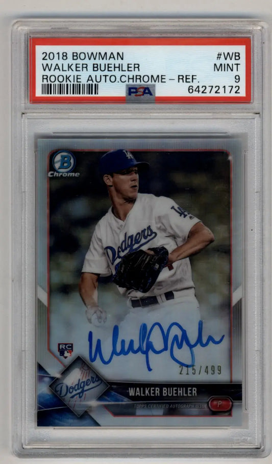 Walker Buehler 2018 Bowman Chrome Rookie Auto Refractor 215/499 PSA 9 Mint - Baseball Card Single