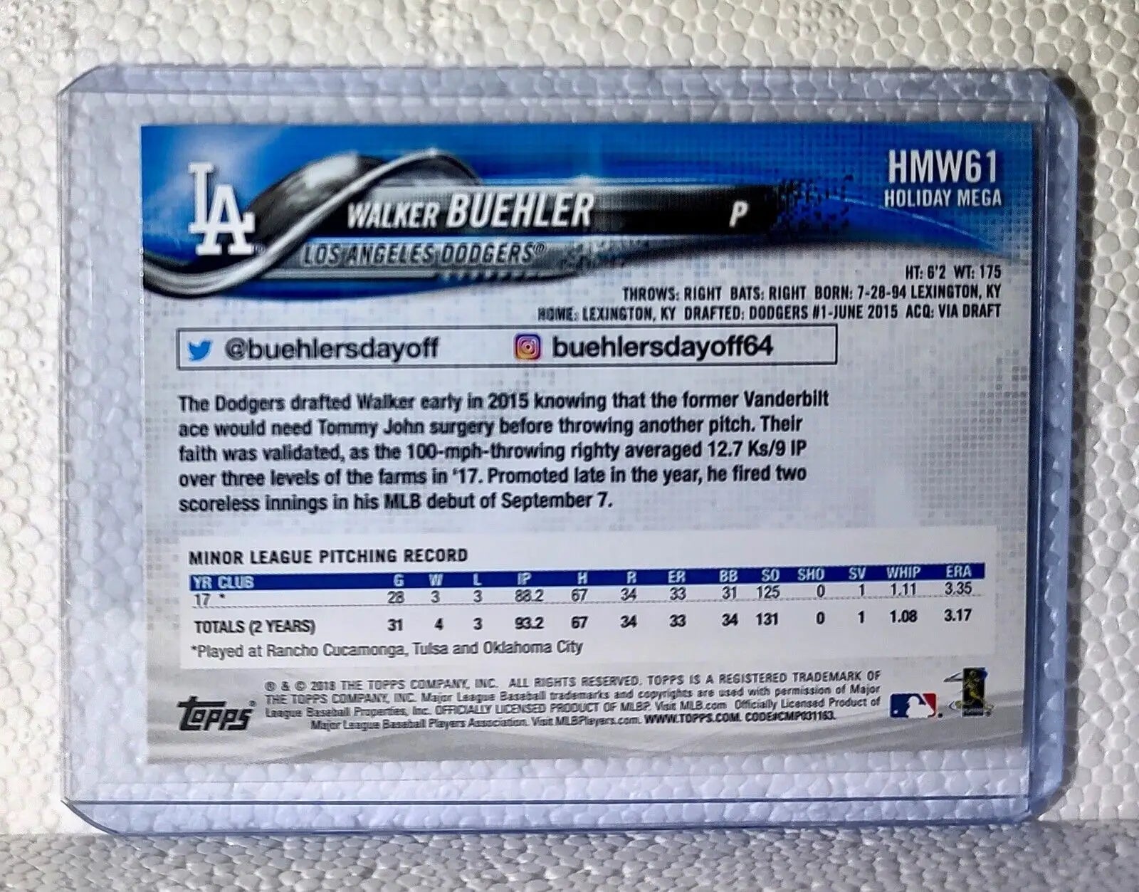 Walker Buehler 2018 Topps MLB #HMW61 Rookie Baseball Card Los Angeles Dodgers