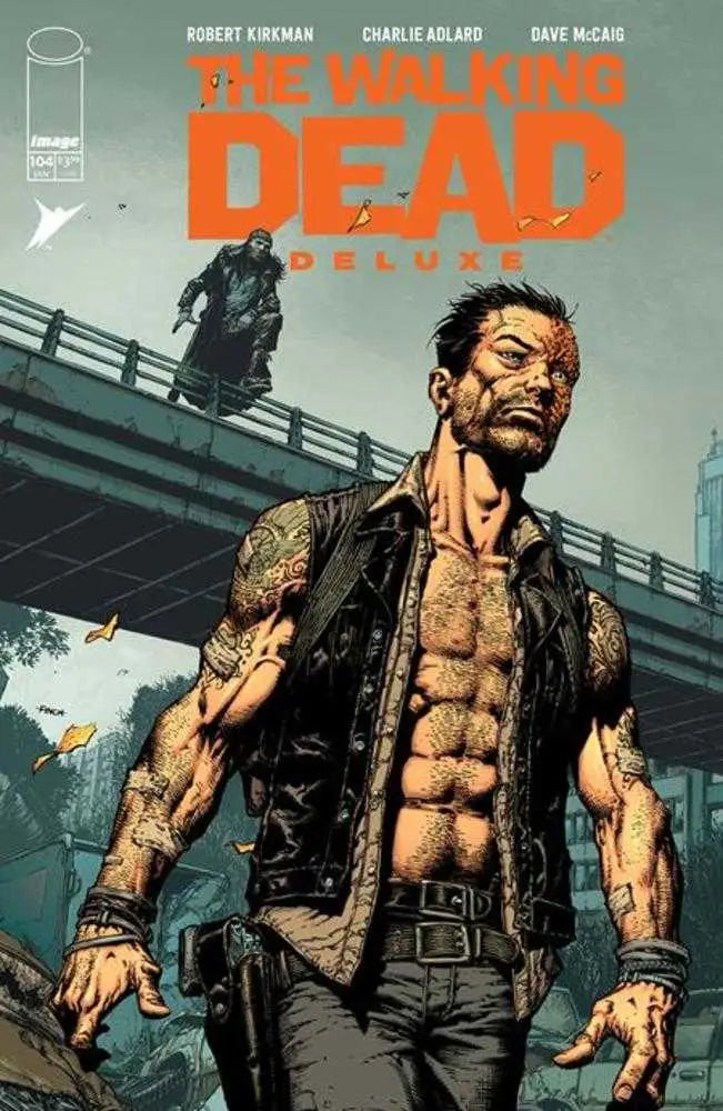 Comic book cover for Walking Dead Deluxe #104 with muscular character in leather vest
