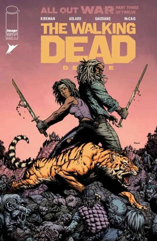 Walking Dead Deluxe comic cover with tiger, sword fighters, and zombies by David Finch