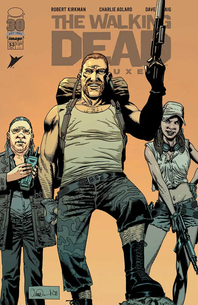 Comic book cover featuring three armed characters from Walking Dead Deluxe #53 Cover B