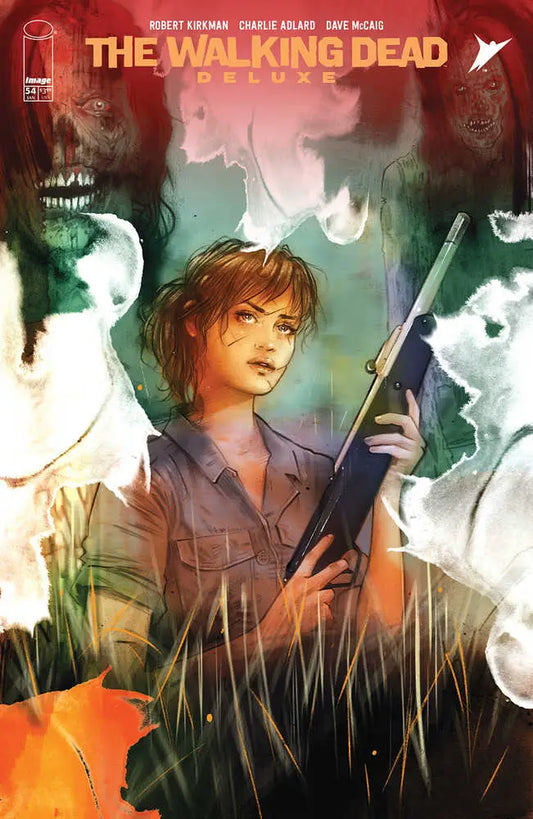 Comic book cover art for The Walking Dead showing character with rifle amid smoke effects