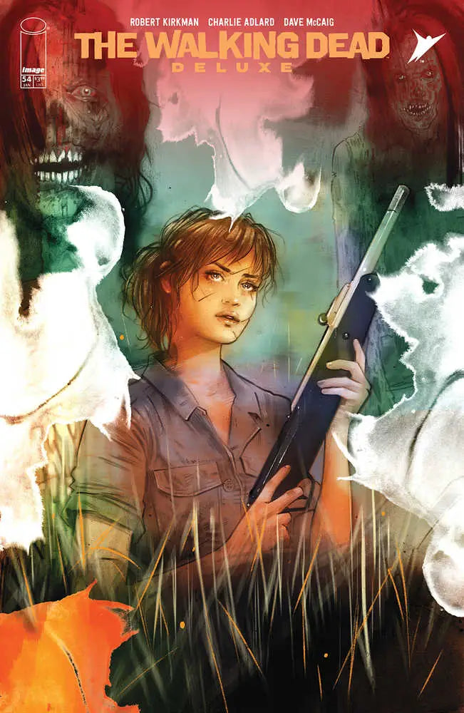 Comic book cover art for The Walking Dead showing character with rifle amid smoke effects