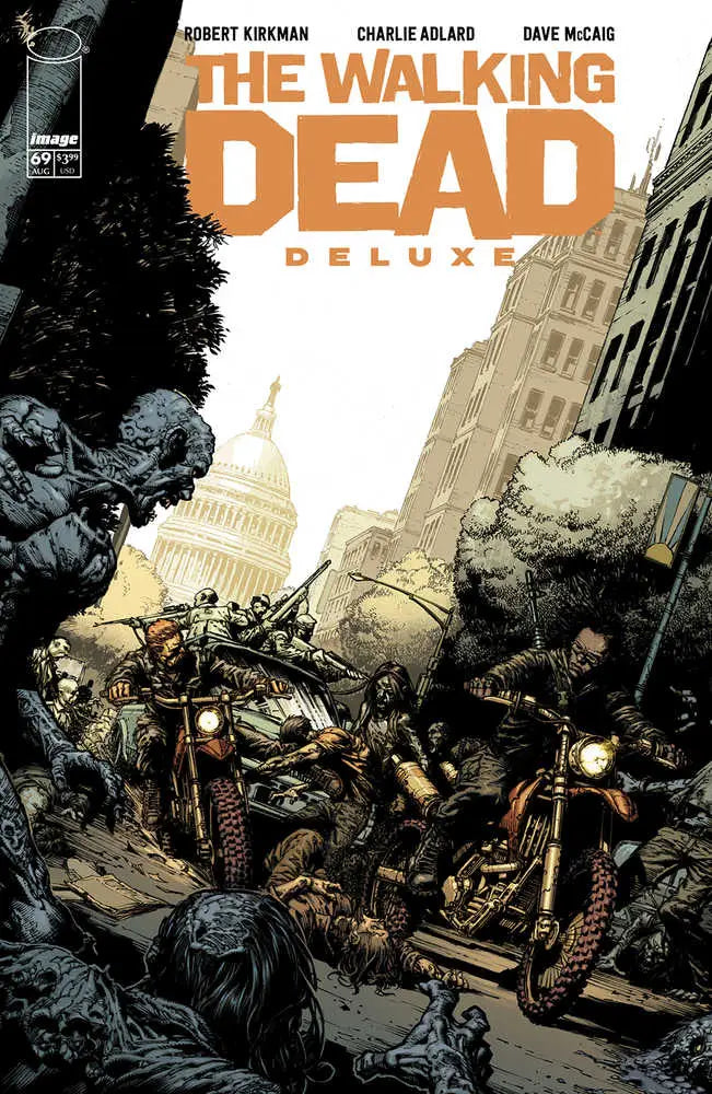 Comic book cover of The Walking Dead Deluxe #69 with motorcycles in a post-apocalyptic scene