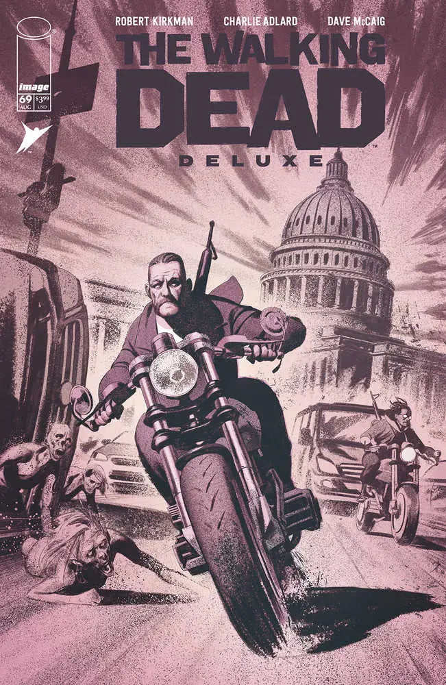 Comic book cover of The Walking Dead Deluxe with motorcycle rider and U.S. Capitol backdrop