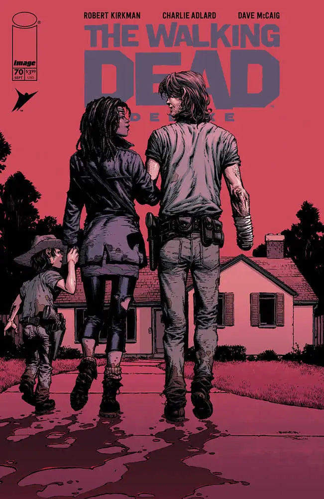 Walking Dead Deluxe #70 cover features figures against a red backdrop for trading cards