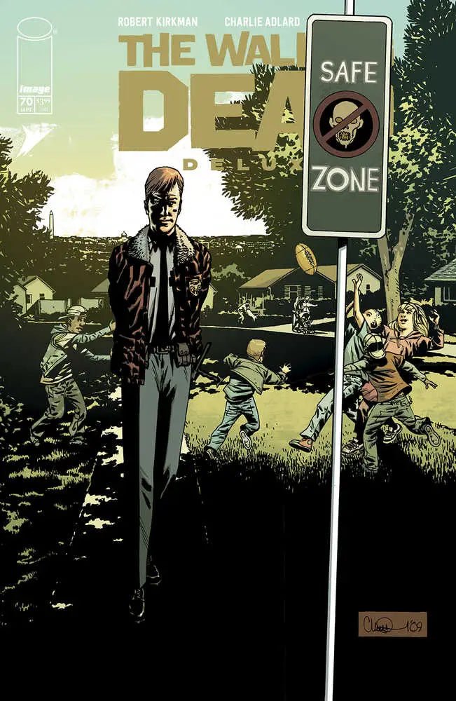 Comic book cover featuring SAFE ZONE sign, zombie art, Walking Dead Deluxe #70