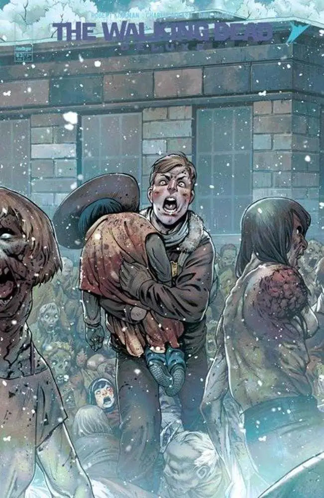 Comic book artwork of people in winter clothing during a snowstorm for Walking Dead Deluxe