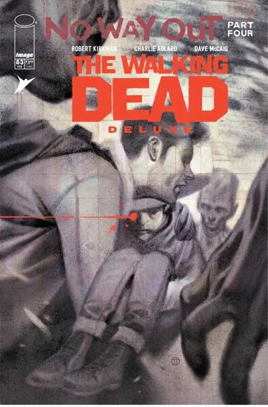 Comic book cover for The Walking Dead: No Way Out Part Four in grayscale and red hues