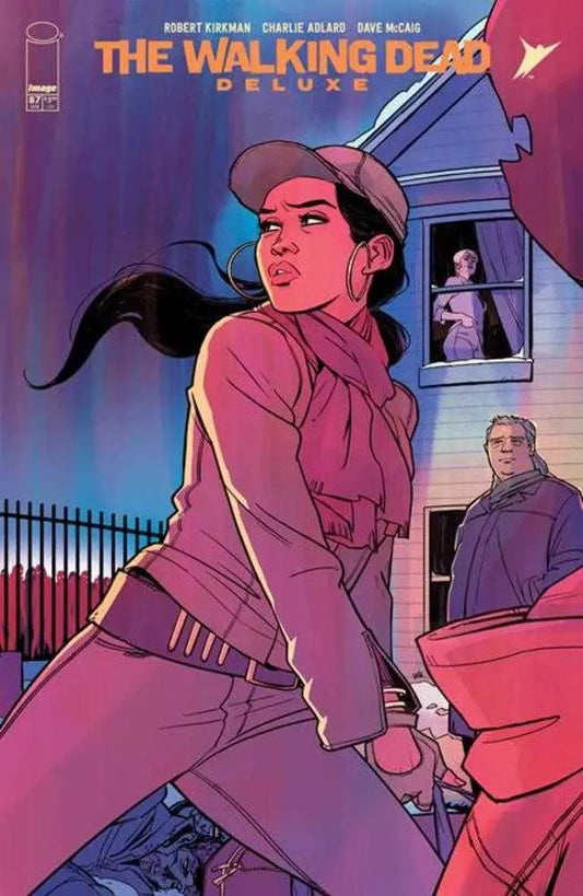Comic book cover of The Walking Dead Deluxe #87 in purple and pink lighting variant