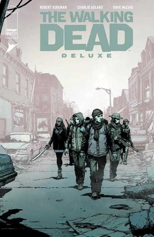 Comic book cover for Walking Dead Deluxe showing survivors on a deserted street