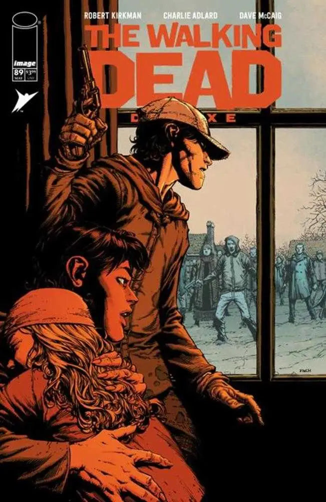Comic book cover of The Walking Dead with characters watching zombies, perfect for trading cards