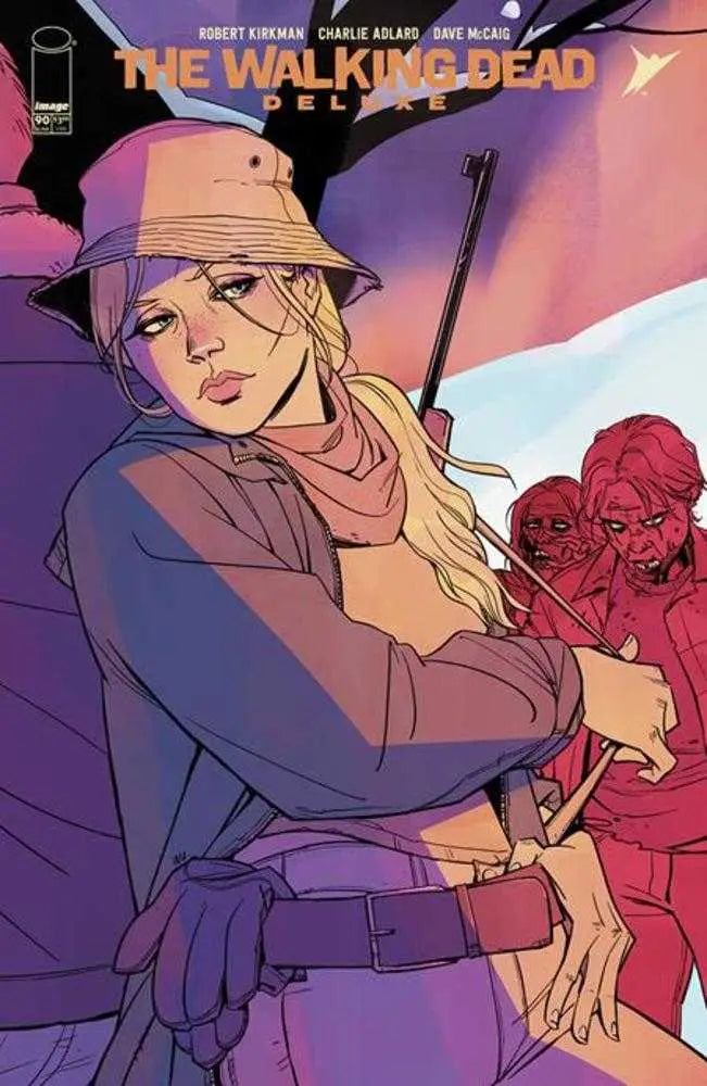 Comic book cover of The Walking Dead with character in bucket hat for trading cards