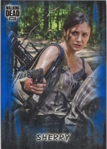 Woman in survival gear with handgun in forest for Walking Dead Blue Parallel Card