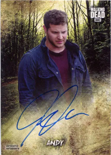 Signed promotional photograph of Jeremy Palko in blue jacket for Walking Dead trading cards