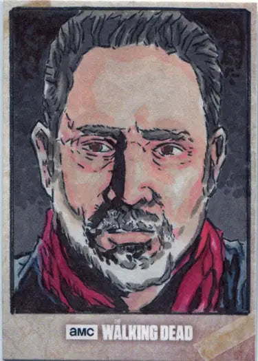 Portrait of a bearded man with intense eyes on Richard Serrao’s sketch card