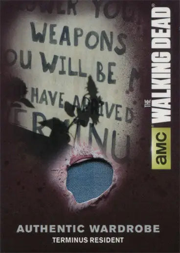 Trading card featuring a torn fabric swatch from The Walking Dead Terminus Resident wardrobe card