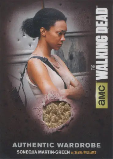 Promotional card for The Walking Dead featuring Sonequa Martin-Green wardrobe swatch