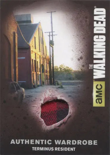 Trading card featuring torn fabric swatch labeled Authentic Wardrobe from Walking Dead Terminus Resident