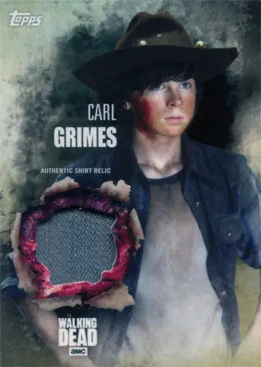 Trading card of Carl Grimes with fabric relic swatch from The Walking Dead Season 5