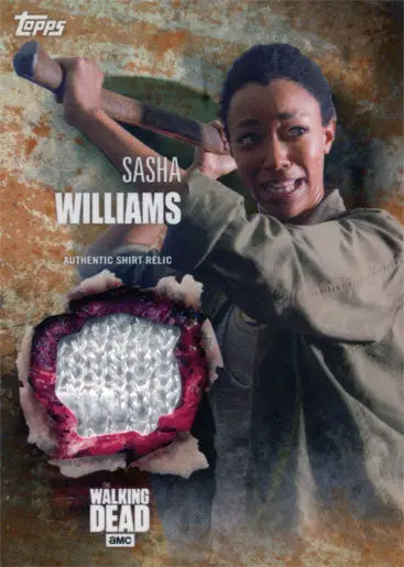 Trading card of Sasha Williams from The Walking Dead with fabric swatch for collectors
