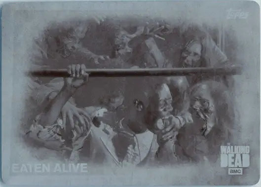 Monochromatic sketch artwork of The Walking Dead on a Walking Dead Season 5 printing plate