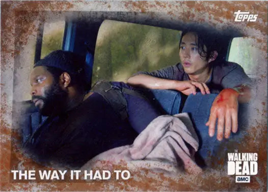 Trading card of The Walking Dead scene with characters in vehicle, Rust Parallel Base