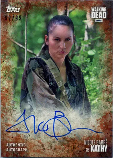 Autographed Walking Dead Season 7 card of Nicole Barre as Kathy Rust in survival gear