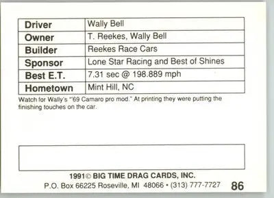 Wally Bell - 1991 Big Time Drag - #86 - Racing - Racing Card Single