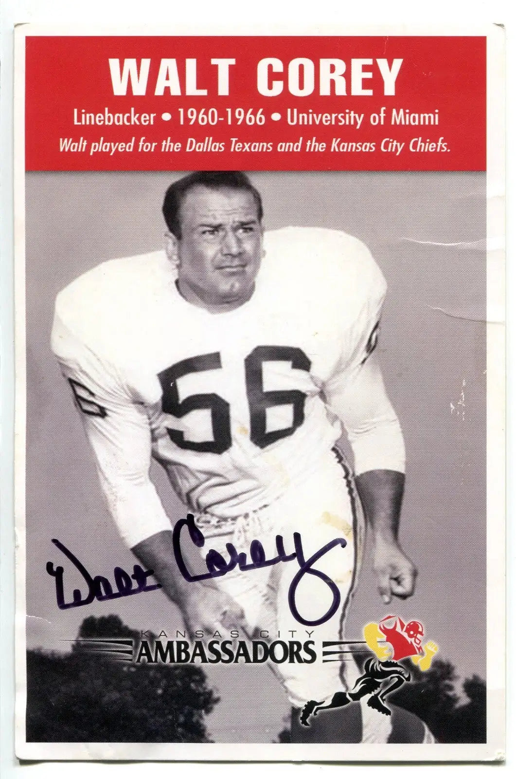 Walt Corey Signed Autograph Kansas City Chiefs Ambassadors Dallas Texans 4x6 JSA - Football Card Single