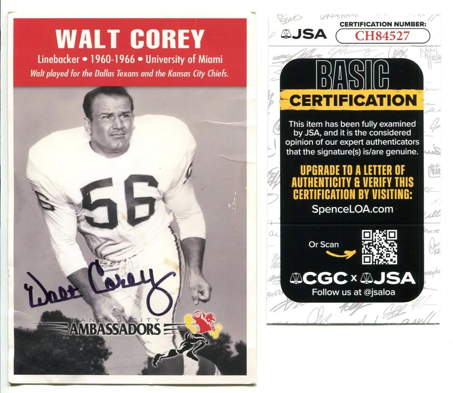 Walt Corey Signed Autograph Kansas City Chiefs Ambassadors Dallas Texans 4x6 JSA - Football Card Single