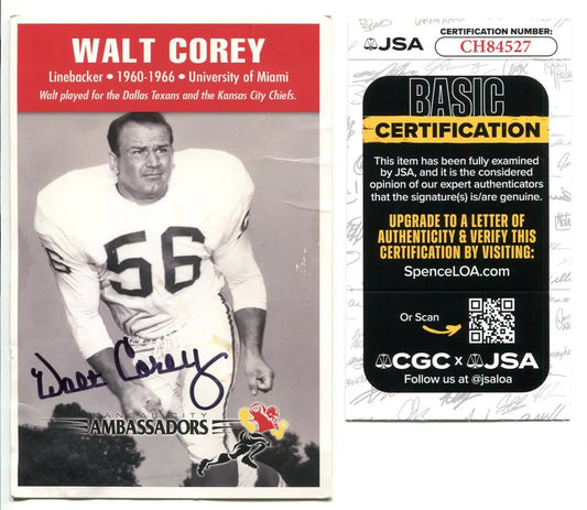 Walt Corey Signed Autograph Kansas City Chiefs Ambassadors Dallas Texans 4x6 JSA - Sports Memorabilia (Jerseys balls