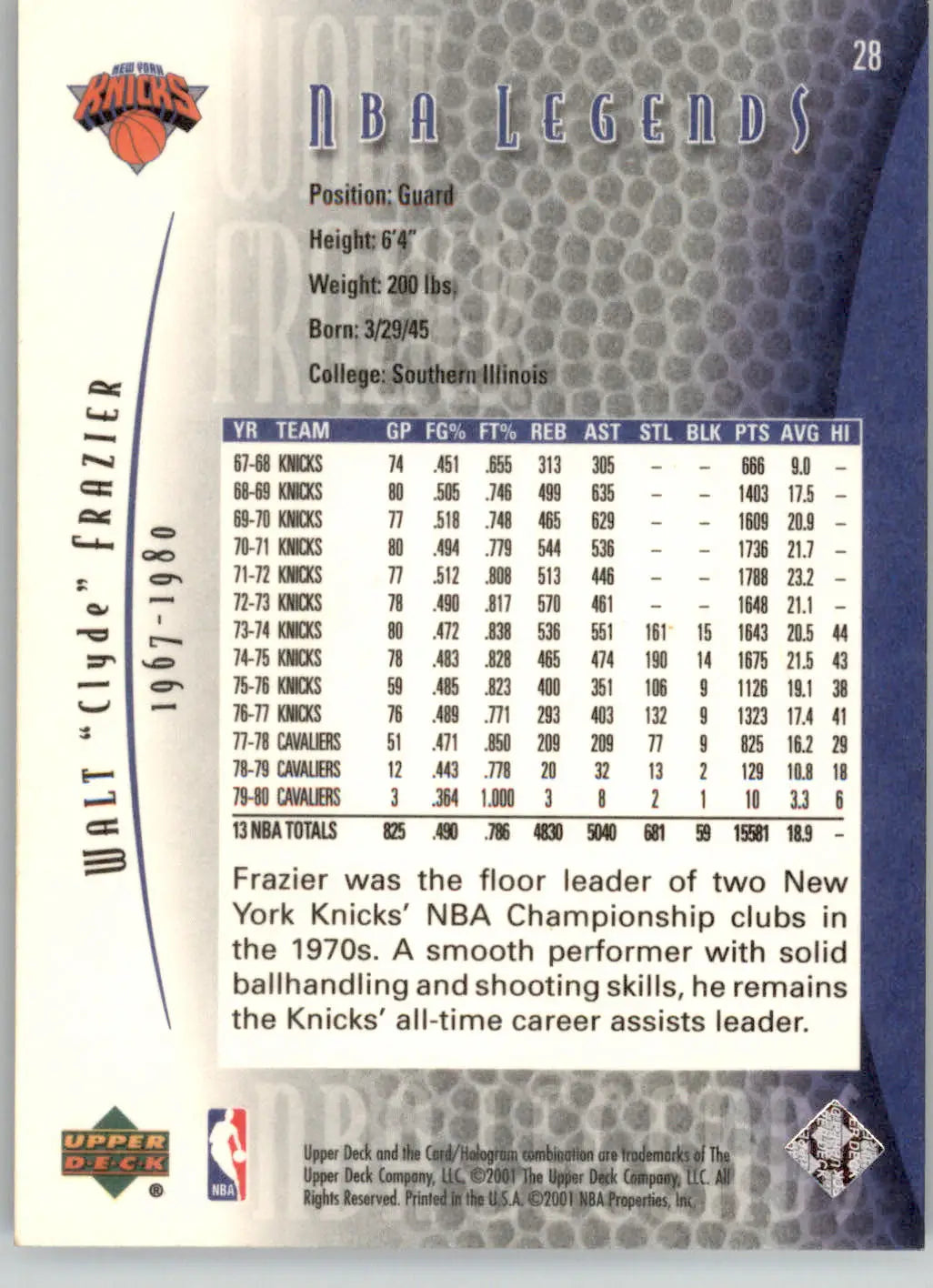 Walt Frazier - 2000-01 Upper Deck Legends - #28 - Basketball - Basketball Card Single